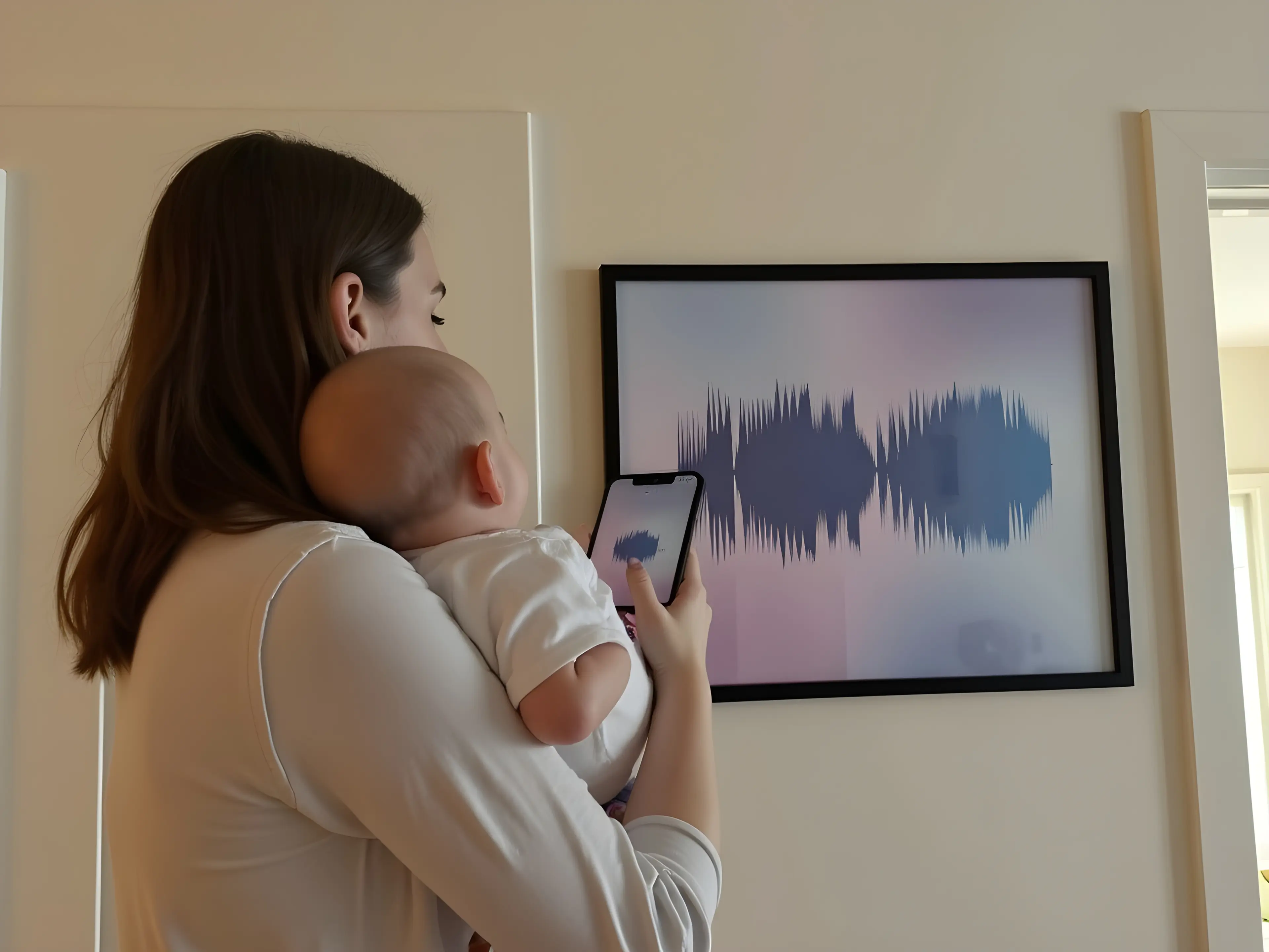 Person looking at framed sound wave art on wall