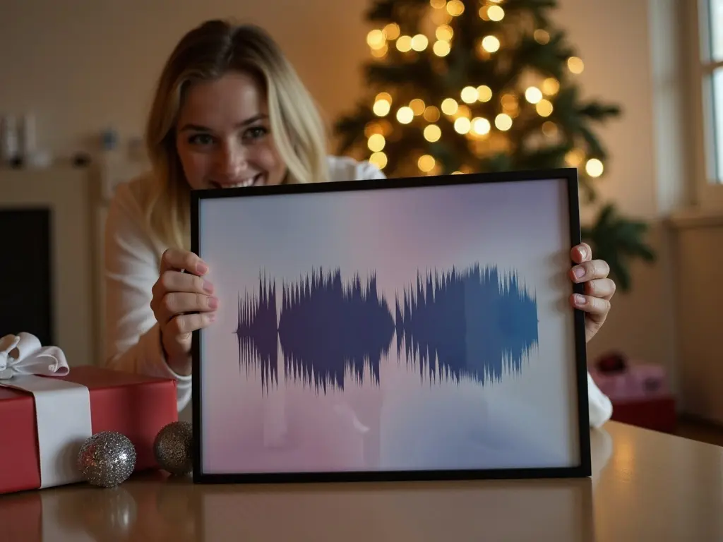 Person holding framed sound wave art