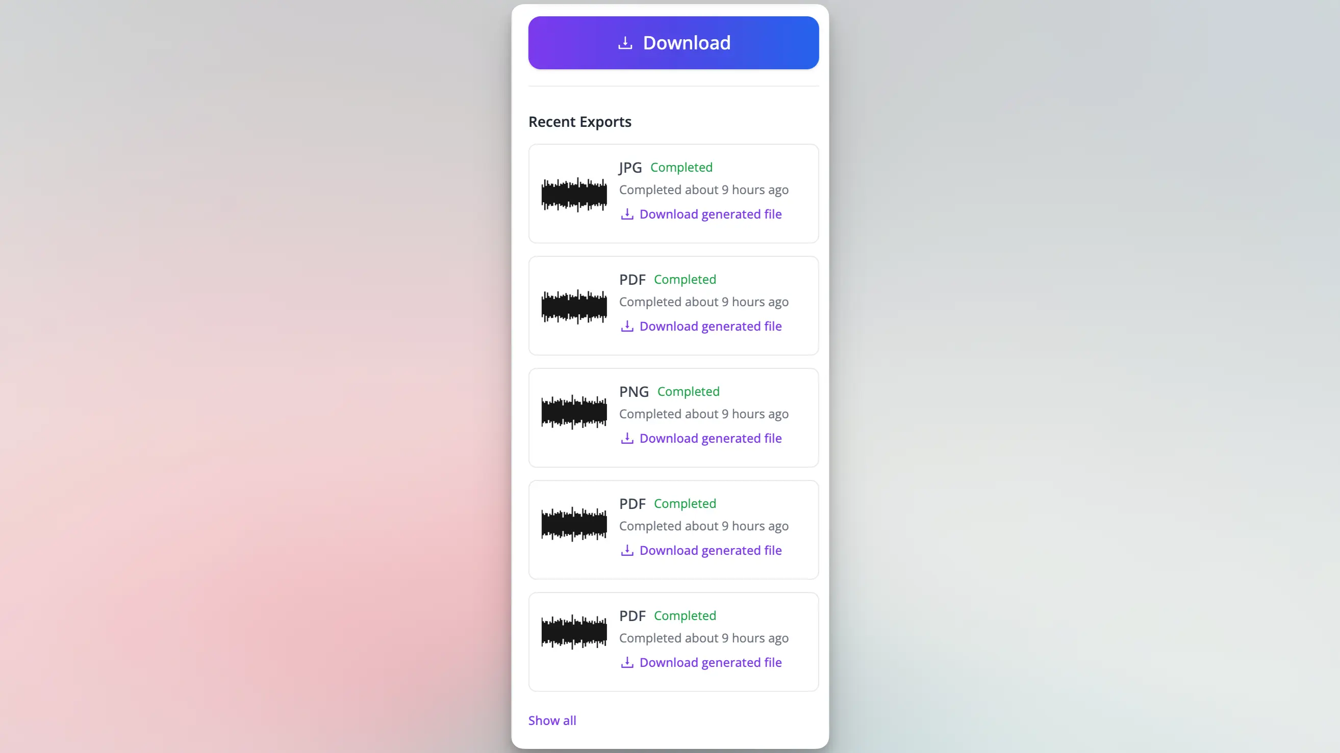 screenshot of recent exports